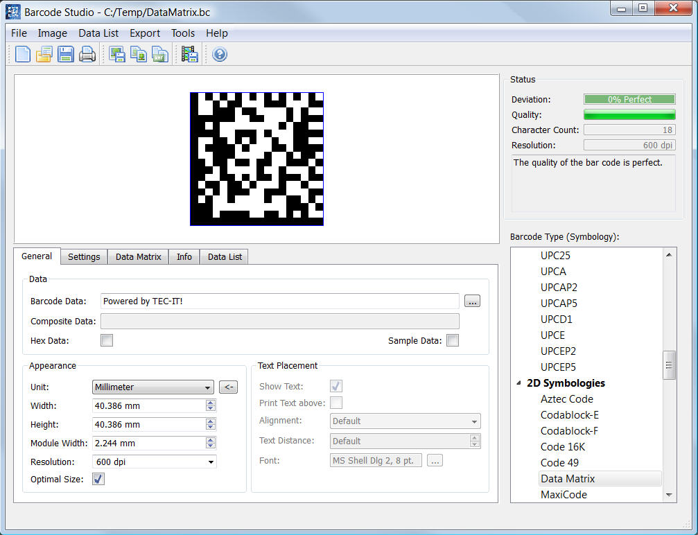 barcode image. Screenshot of Barcode Studio