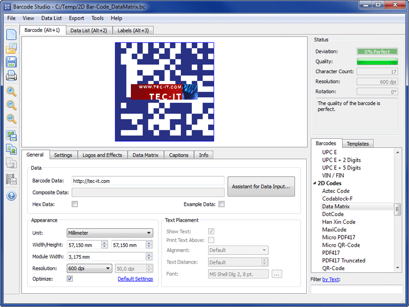 With Barcode Studio you create and print all 1D, GS1, 2D Barcodes in perfect quality - even in batch operation! More than 100 barcode symbologies are generated, printed or saved as EPS and images files: Code128, EAN, UPC, GTIN, DataMatrix, QRCode