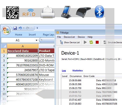 The data acquisition software TWedge extends software systems with real-time data collection. Device data (RS232, RS485, TCP/IP, USB, Bluetooth) is captured automatically and forwarded to applications (ODBC databases, files, virtual keystrokes).