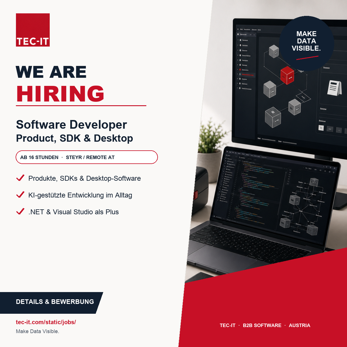 TEC-IT sucht Software Developer für Produkte, SDKs und Desktop-Software ab 16 Wochenstunden in Steyr oder remote.