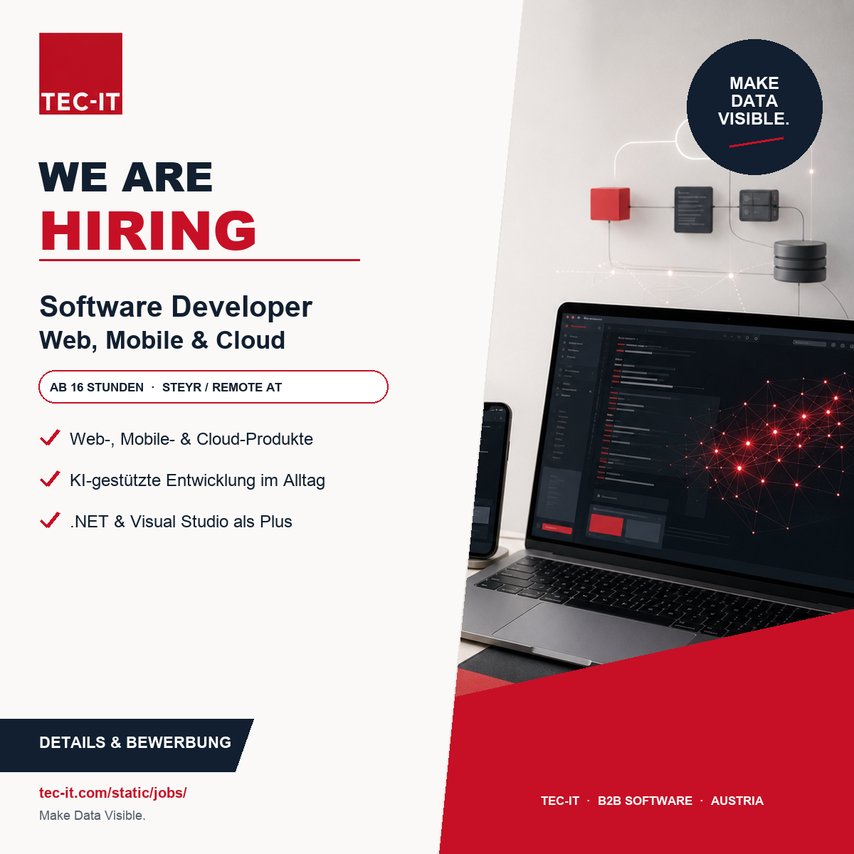 TEC-IT sucht Software Developer für Web, Mobile und Cloud ab 16 Wochenstunden in Steyr oder remote.
