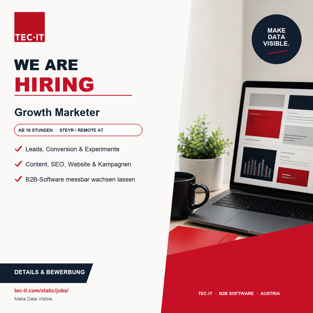 TEC-IT sucht Verstärkung im Growth Marketing ab 16 Wochenstunden in Steyr oder remote in Österreich.