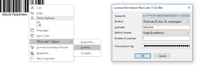 Diálogo de licencia TBarCode SDK