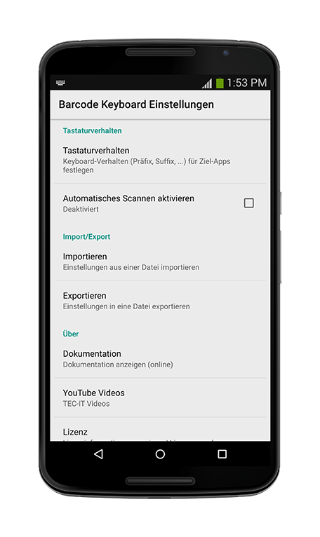 Barcodescanner Keyboard - Tastaturverhalten, Import, Export, Ueber