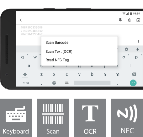 Apps de captura móvil de datos y escaneado de códigos de barras, códigos QR,  textos, NFC