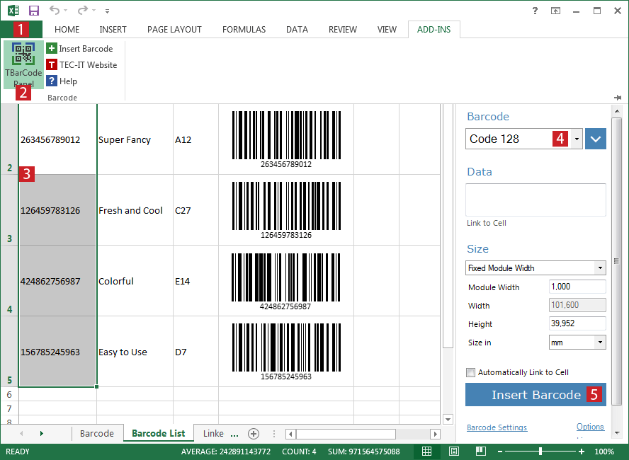 Complemento para Excel: Crear listas con códigos de barras