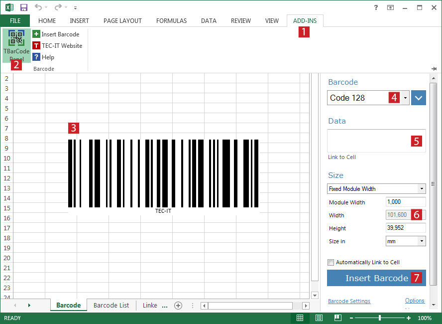 Вставка штрих-кодов в Microsoft Excel с помощью TBarCode Office