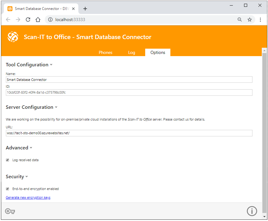 Опции Scan-IT to Office Database Connector