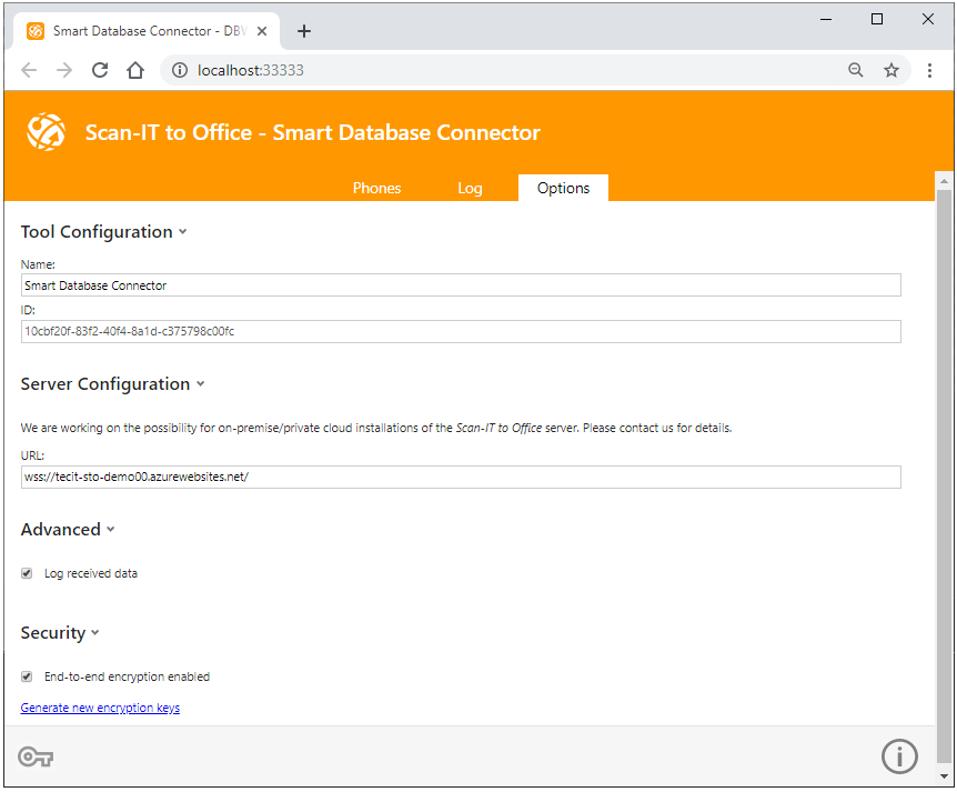 opciones de Scan-IT to Office Database Connector 