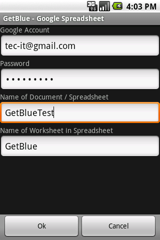 GetBlue Settings for Google Spreadsheet