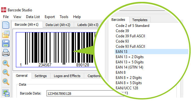 Barcode Studio user interface