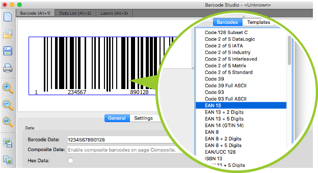 Barcode Studio user interface