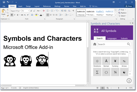 Symbols and Characters add-in