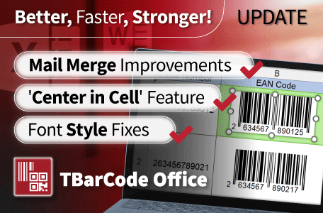 TBarCode Office V11.1 supporting centered barcodes and 2D-codes