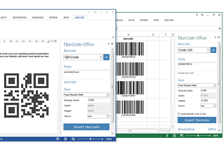 TBarCode Office add-in running in Word and Excel