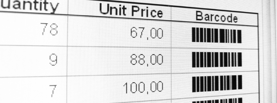 zoomed-in report showing a table with the columns Quantity, Unit Price and Barcode
