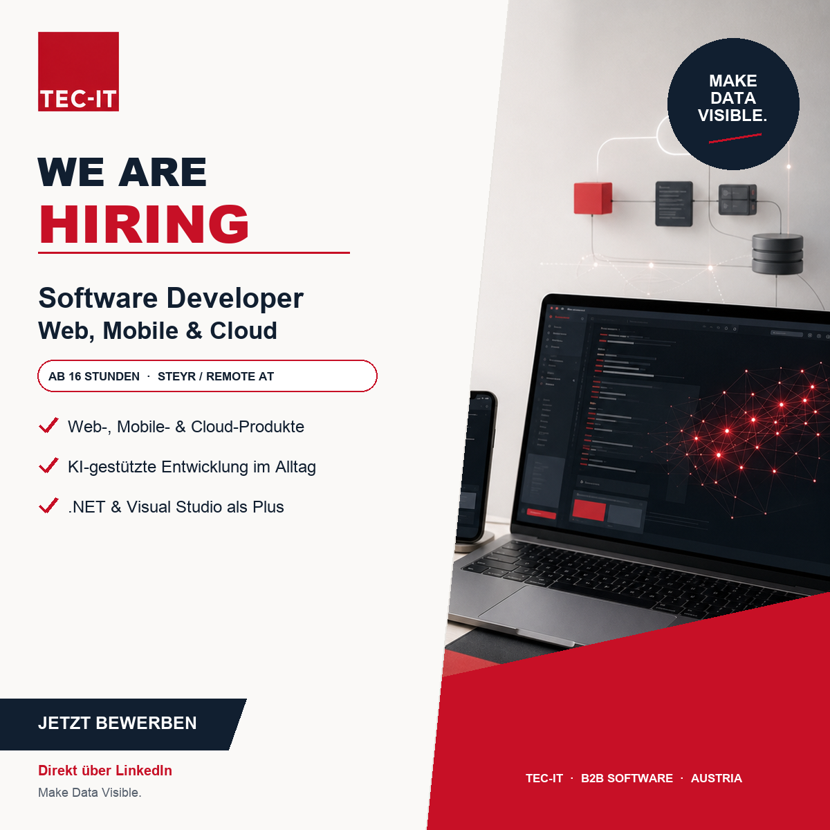 TEC-IT sucht Software Developer für Web, Mobile und Cloud ab 16 Wochenstunden in Steyr oder remote.